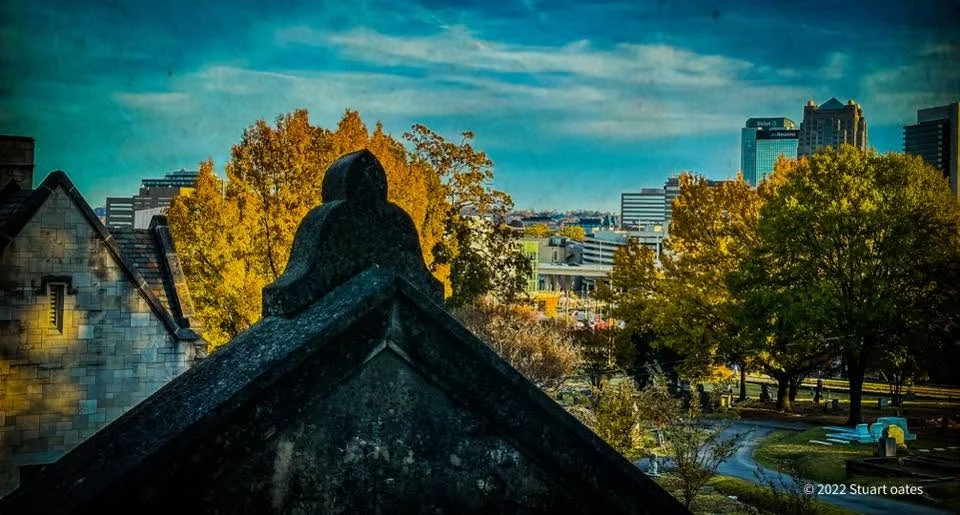 Birmingham skyline behind cemetery